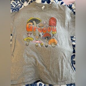 Groovy Mushroom Graphic Tee - Gray with Orange & Yellow Print